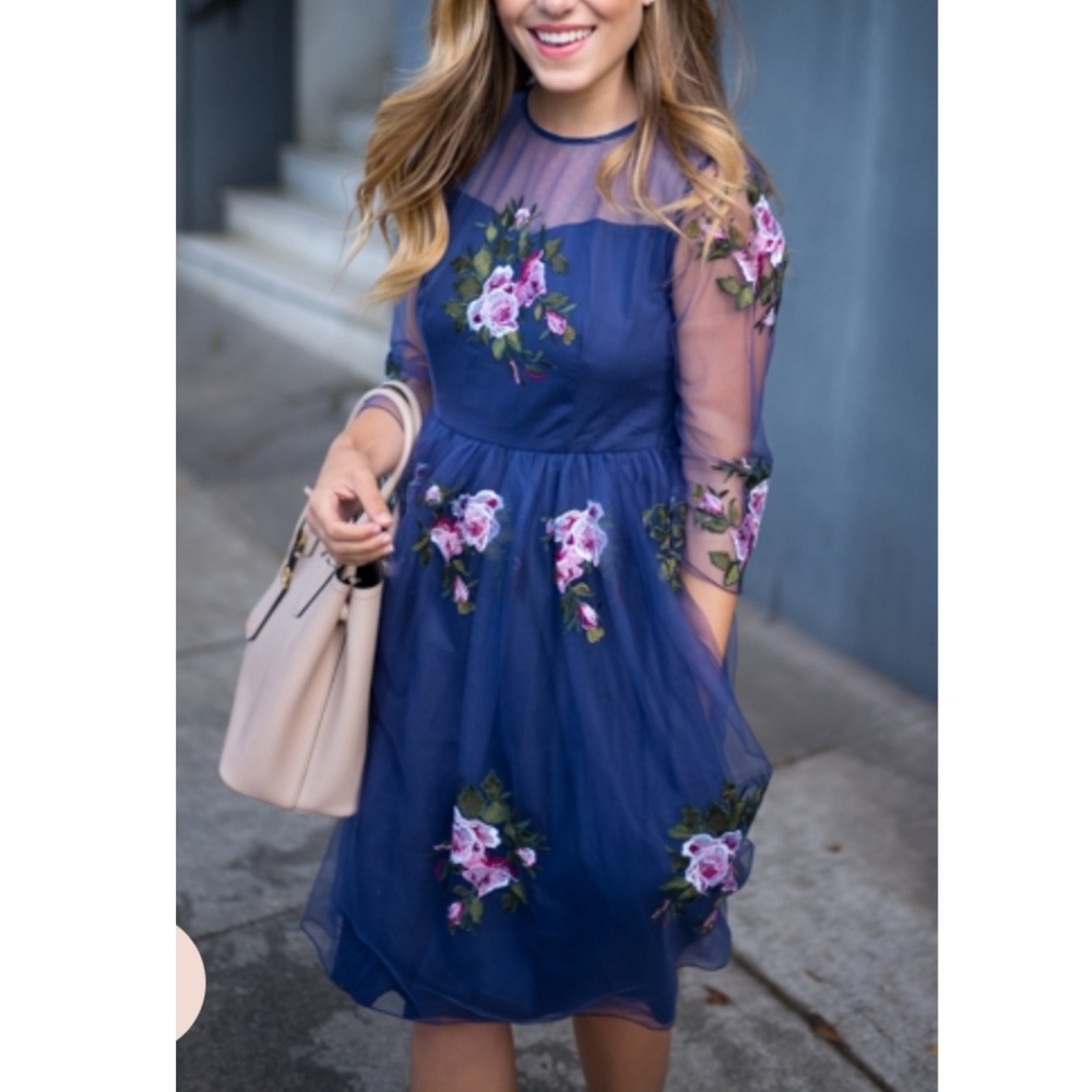Blue/purple floral embroidered tea length dress